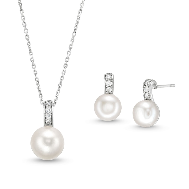 Main Image 1 of Button Freshwater Cultured Pearl and White Lab-Created Sapphire Drop Pendant and Stud Earrings Set in Sterling Silver