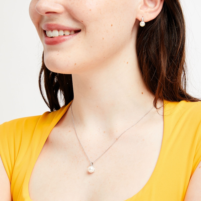 Main Image 2 of Button Freshwater Cultured Pearl and White Lab-Created Sapphire Drop Pendant and Stud Earrings Set in Sterling Silver