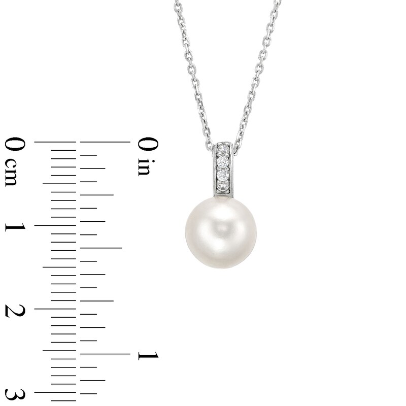 Main Image 4 of Button Freshwater Cultured Pearl and White Lab-Created Sapphire Drop Pendant and Stud Earrings Set in Sterling Silver