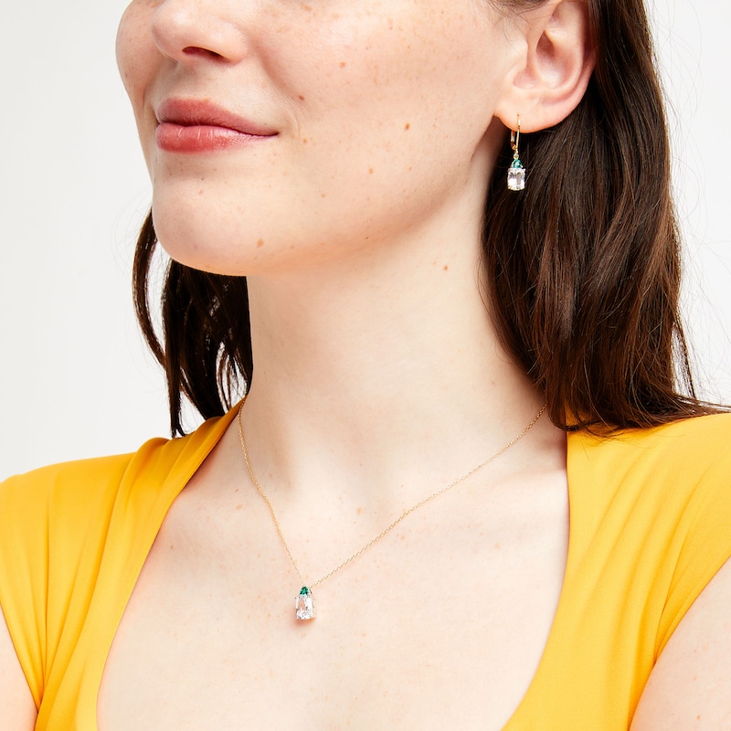 Main Image 2 of White Lab-Created Sapphire and Lab-Created Emerald Pendant and Drop Earrings Set in Sterling Silver with 18K Gold Plate