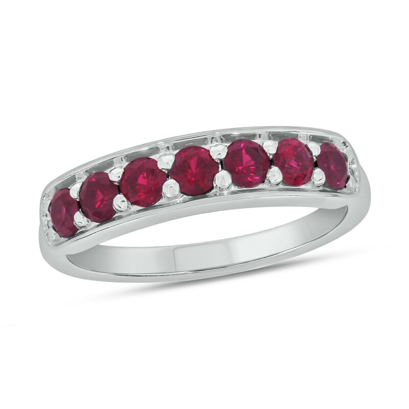 Main Image 1 of Lab-Created Ruby Sideways Bar Seven Stone Band in Sterling Silver