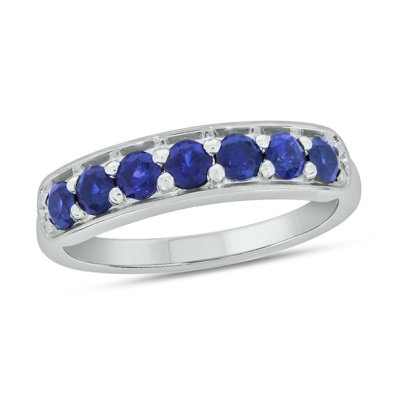 Main Image 1 of Blue Lab-Created Sapphire Sideways Bar Seven Stone Band in Sterling Silver