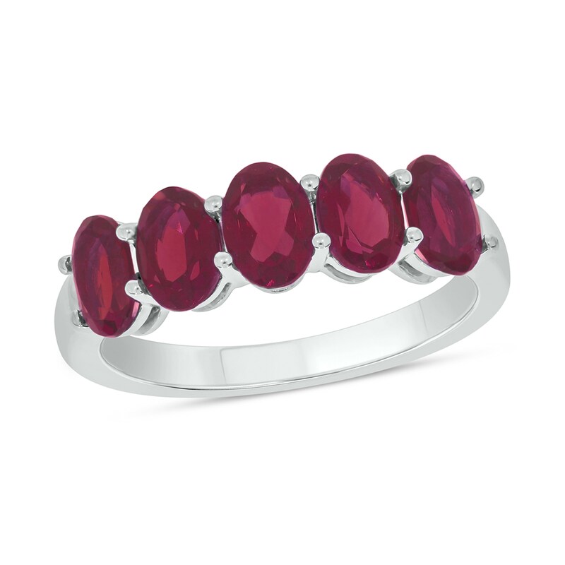 Main Image 1 of Oval Lab-Created Ruby Five Stone Band in Sterling Silver