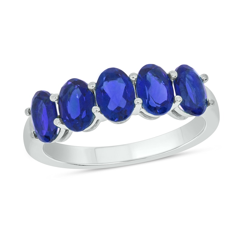 Main Image 1 of Oval Blue Lab-Created Sapphire Five Stone Band in Sterling Silver