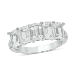 Emerald-Cut White Lab-Created Sapphire Five Stone Band in Sterling Silver