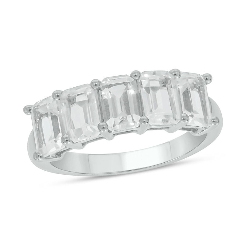 Main Image 1 of Emerald-Cut White Lab-Created Sapphire Five Stone Band in Sterling Silver