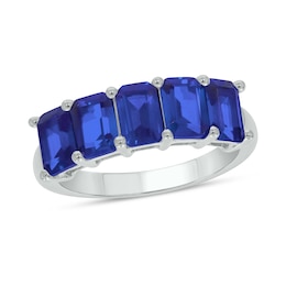 Emerald-Cut Blue Lab-Created Sapphire Five Stone Band in Sterling Silver