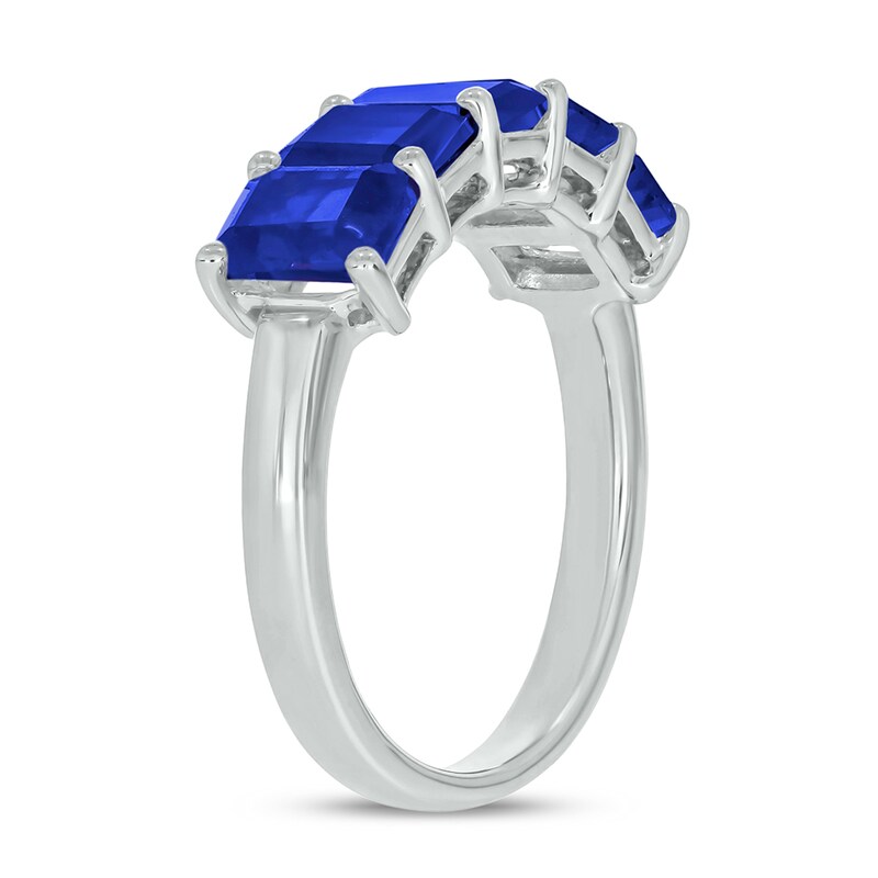 Main Image 2 of Emerald-Cut Blue Lab-Created Sapphire Five Stone Band in Sterling Silver