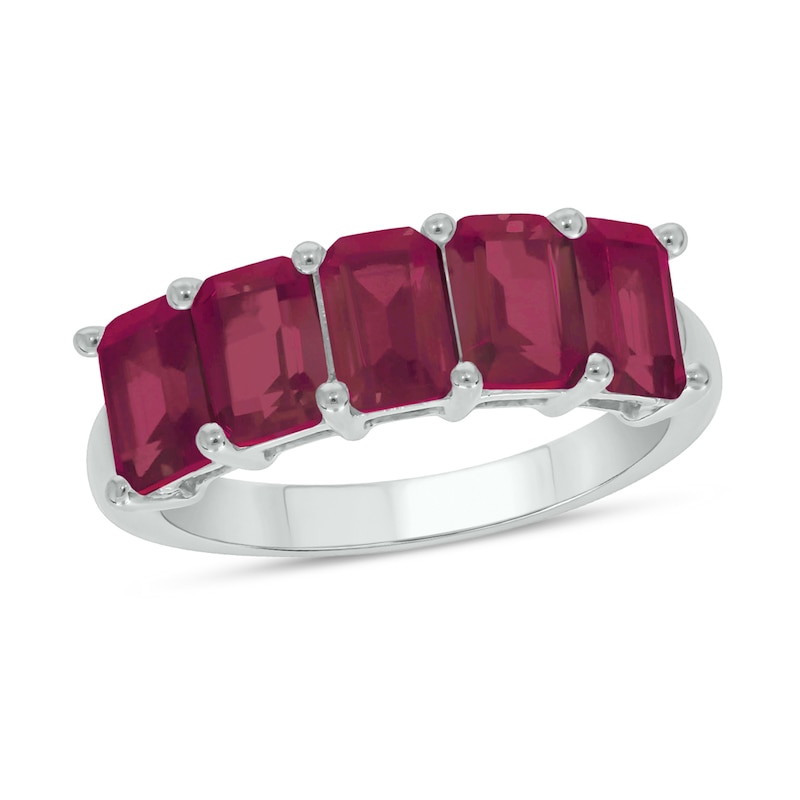 Main Image 1 of Emerald-Cut Lab-Created Ruby Five Stone Band in Sterling Silver