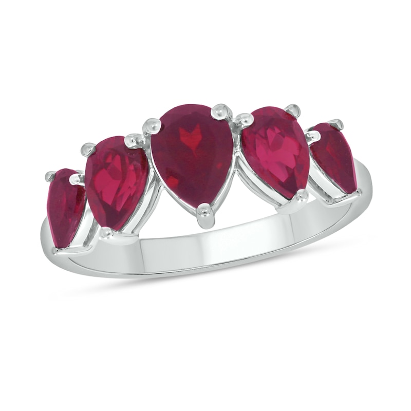 Main Image 1 of Pear-Shaped Lab-Created Ruby Five Stone Band in Sterling Silver