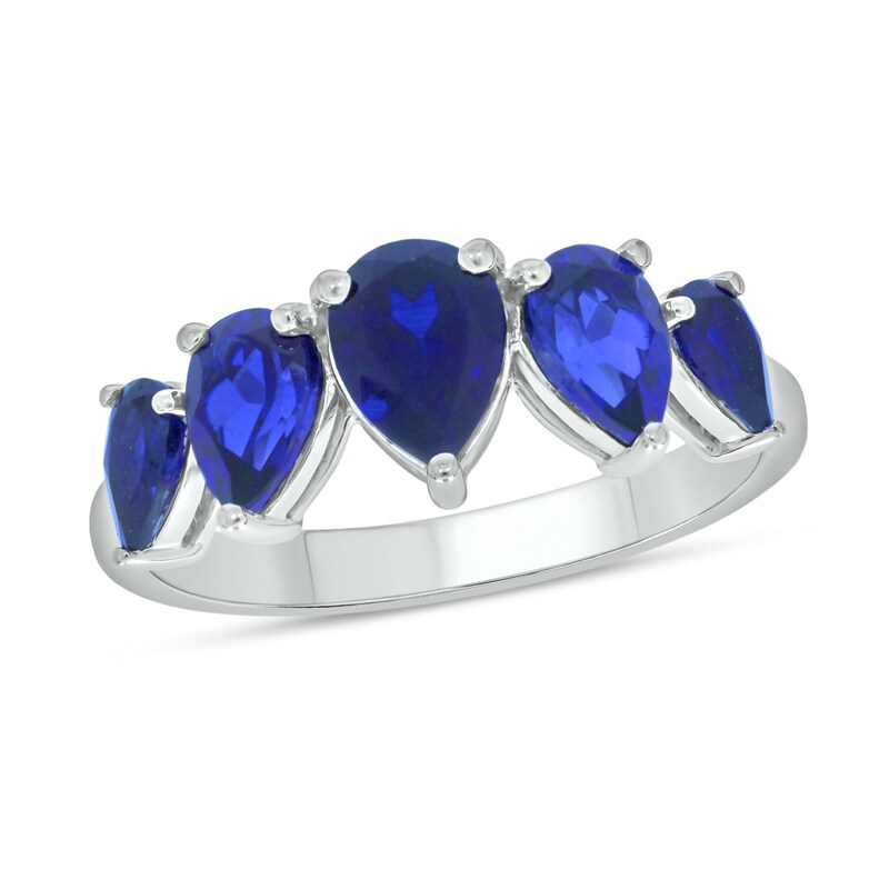 Main Image 1 of Pear-Shaped Blue Lab-Created Sapphire Five Stone Band in Sterling Silver