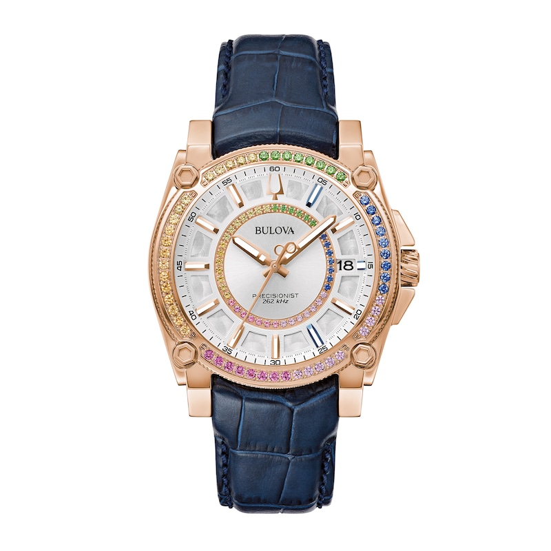 Men's Bulova Icon Marc Anthony Rainbow Crystal Accent Blue Strap Watch with White Dial (Model: 98J126)