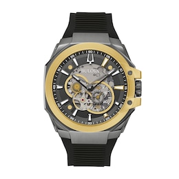 Men's Bulova Maquina Marc Anthony Gold-Tone IP Chronograph Silicone Strap Watch with Grey Skeleton Dial (Model: 98A310)
