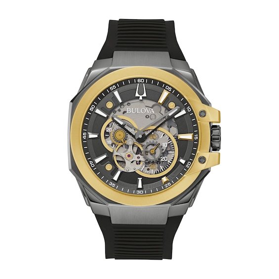 Men's Bulova Maquina Marc Anthony Gold-Tone IP Chronograph Silicone Strap Watch with Grey Skeleton Dial (Model: 98A310)