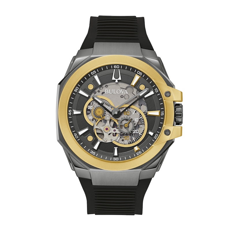 Main Image 1 of Men's Bulova Maquina Marc Anthony Gold-Tone IP Chronograph Silicone Strap Watch with Grey Skeleton Dial (Model: 98A310)