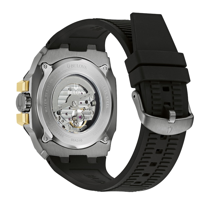 Main Image 3 of Men's Bulova Maquina Marc Anthony Gold-Tone IP Chronograph Silicone Strap Watch with Grey Skeleton Dial (Model: 98A310)
