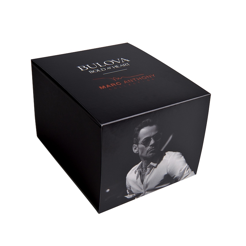 Main Image 4 of Men's Bulova Maquina Marc Anthony Gold-Tone IP Chronograph Silicone Strap Watch with Grey Skeleton Dial (Model: 98A310)