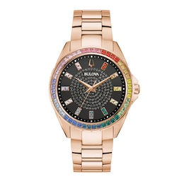 Men's Bulova Phantom Rainbow Crystal Accent Rose-Tone Watch with Black Dial (Model: 97A180)