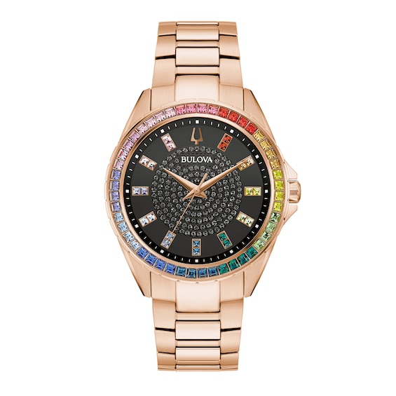 Men's Bulova Phantom Rainbow Crystal Accent Rose-Tone Watch with Black Dial (Model: 97A180)