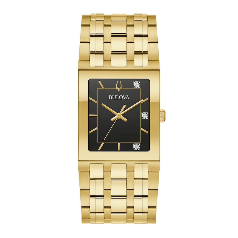 Men's Bulova Quadra Marc Anthony Diamond Accent Gold-Tone Watch with Black Square Dial (Model: 97D132)