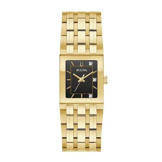 Ladies' Bulova Quadra Marc Anthony Diamond Accent Gold-Tone Watch with Black Square Dial (Model: 97P167)