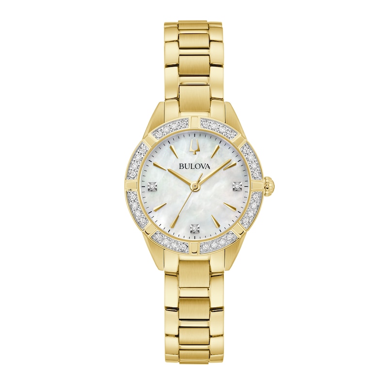 Main Image 1 of Ladies' Bulova Sutton 1/20 CT. T.W. Diamond Gold-Tone Watch with Mother-of-Pearl Dial (Model: 98R297)