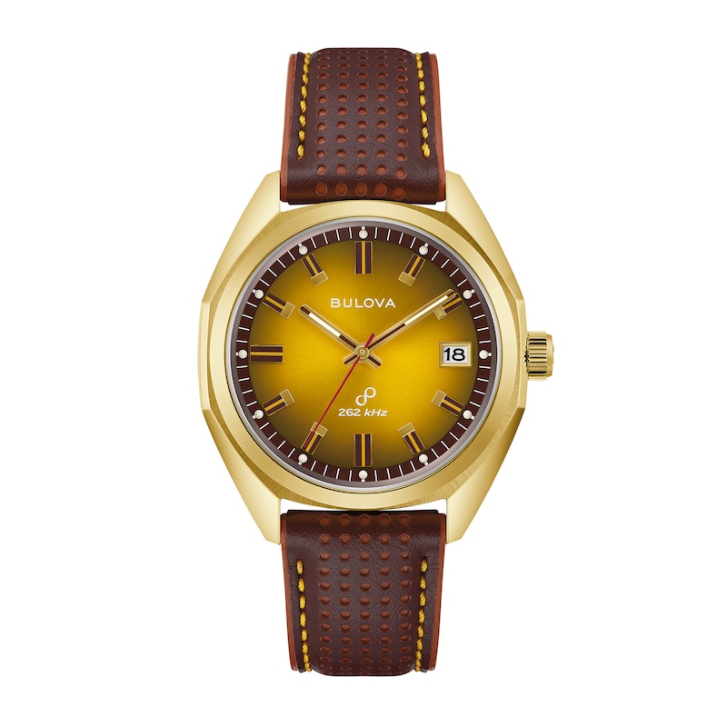 Main Image 1 of Men's Bulova Classic Gold-Tone Brown Leather Strap Watch with Gold-Tone Dial (Model: 97B214)