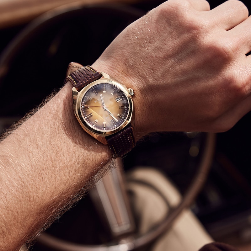 Main Image 5 of Men's Bulova Classic Gold-Tone Brown Leather Strap Watch with Gold-Tone Dial (Model: 97B214)