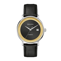 Men's Bulova Limited Edition Rat Pack Black Strap Watch with Gold-Tone and Black Dial (Model: 96B406)