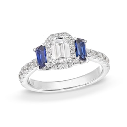 Vera Wang Love Collection 1-1/4 CT. T.W. Emerald-Cut Diamond and Sapphire Three Stone Engagement Ring in 14K White Gold
