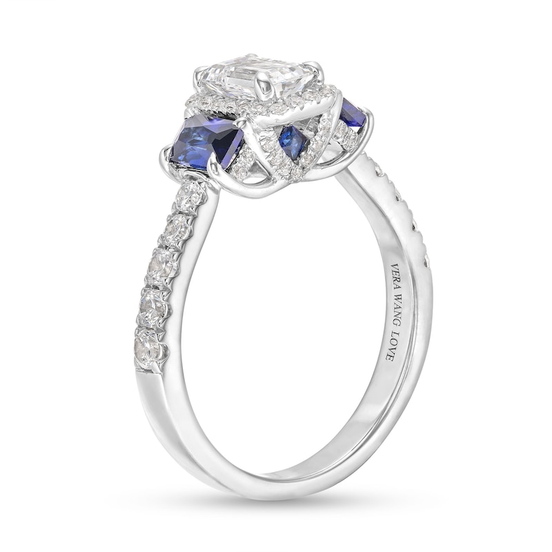 Vera Wang Love Collection 1-1/4 CT. T.W. Emerald-Cut Diamond and Sapphire Three Stone Engagement Ring in 14K White Gold