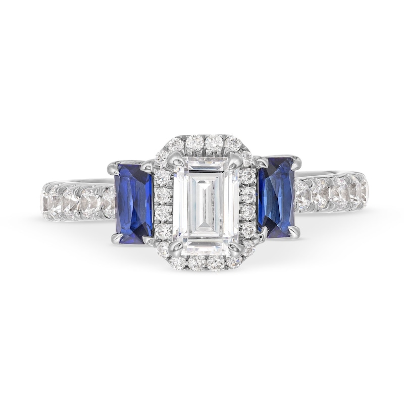 Vera Wang Love Collection 1-1/4 CT. T.W. Emerald-Cut Diamond and Sapphire Three Stone Engagement Ring in 14K White Gold