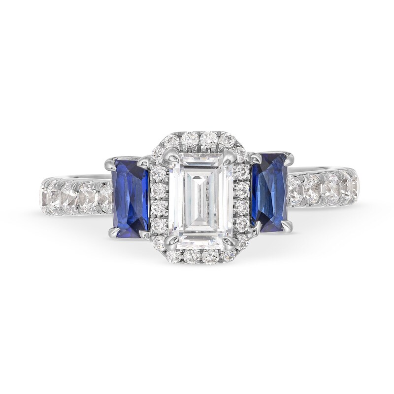 Vera Wang Love Collection 1-1/4 CT. T.W. Emerald-Cut Diamond and Sapphire Three Stone Engagement Ring in 14K White Gold