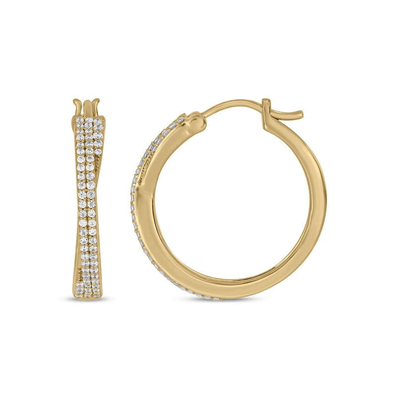 Main Image 1 of 1/2 CT. T.W. Diamond Double Row Criss-Cross Overlay Hoop Earrings in Sterling Silver with 14K Gold Plate