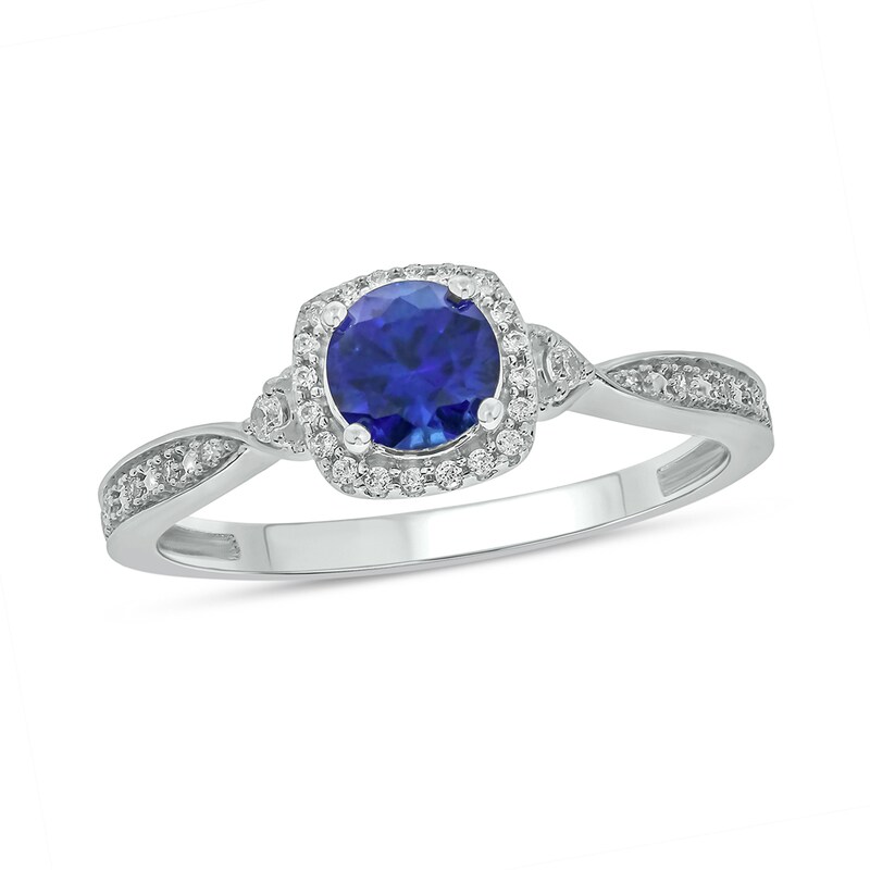 5.0mm Blue Lab-Created Sapphire and 1/10 CT. T.W. Diamond Cushion Frame Promise Ring in 10K White Gold