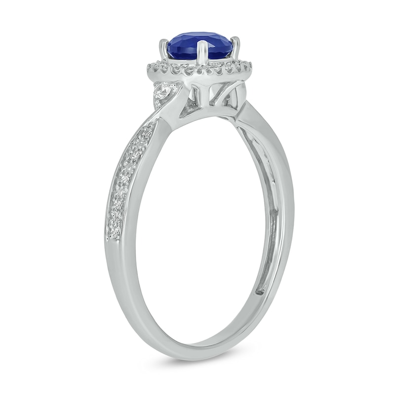 5.0mm Blue Lab-Created Sapphire and 1/10 CT. T.W. Diamond Cushion Frame Promise Ring in 10K White Gold