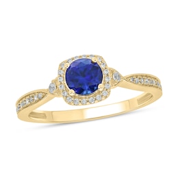 5.0mm Blue Lab-Created Sapphire and 1/10 CT. T.W. Diamond Cushion Frame Promise Ring in 10K Gold