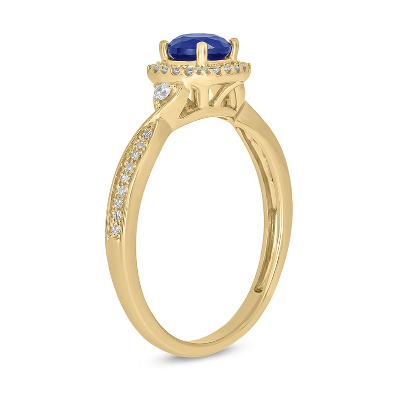Main Image 2 of 5.0mm Blue Lab-Created Sapphire and 1/10 CT. T.W. Diamond Cushion Frame Promise Ring in 10K Gold