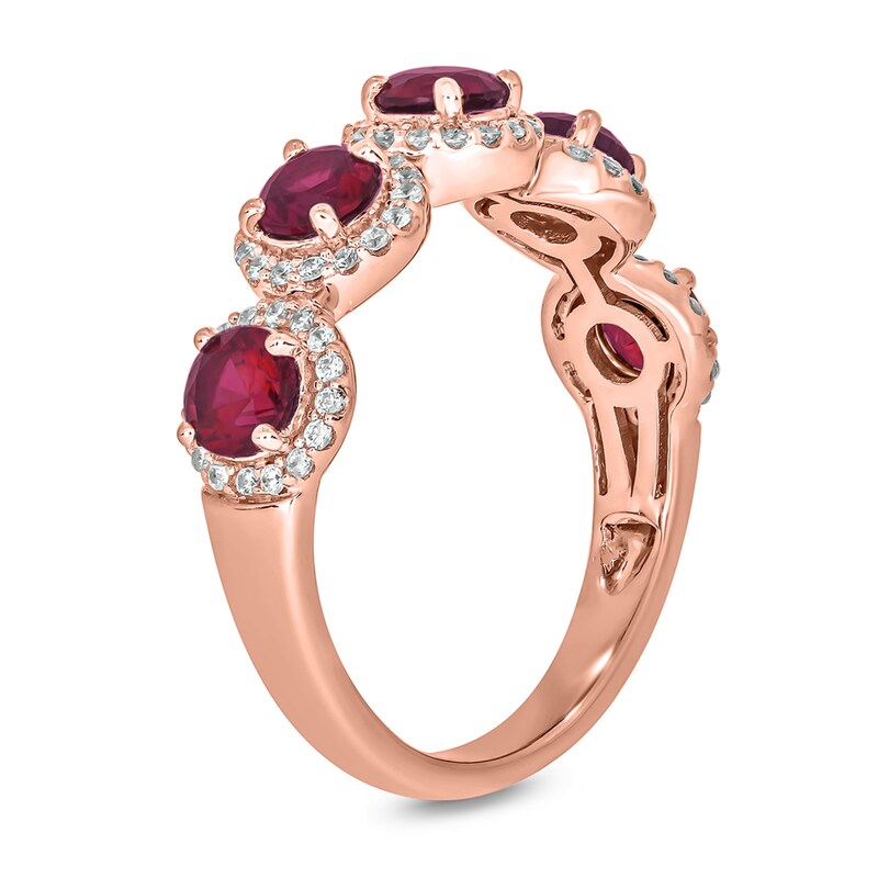 Main Image 2 of 4.0mm Lab-Created Ruby and 1/3 CT. T.W. Diamond Frame Five Stone Band in Sterling Silver with 14K Rose Gold Plate