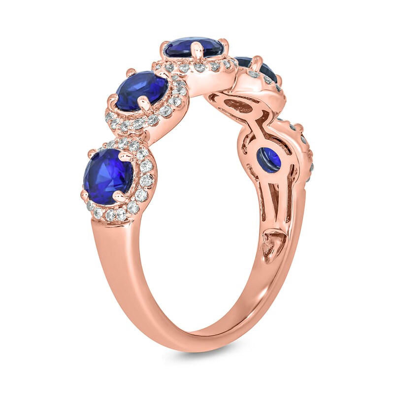 Main Image 2 of 4.0mm Blue Lab-Created Sapphire and 1/3 CT. T.W. Diamond Five Stone Band in Sterling Silver with 14K Rose Gold Plate