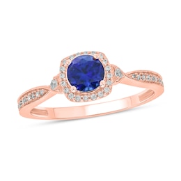 5.0mm Blue Lab-Created Sapphire and 1/10 CT. T.W. Diamond Cushion Frame Promise Ring in 10K Rose Gold