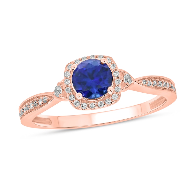Main Image 1 of 5.0mm Blue Lab-Created Sapphire and 1/10 CT. T.W. Diamond Cushion Frame Promise Ring in 10K Rose Gold