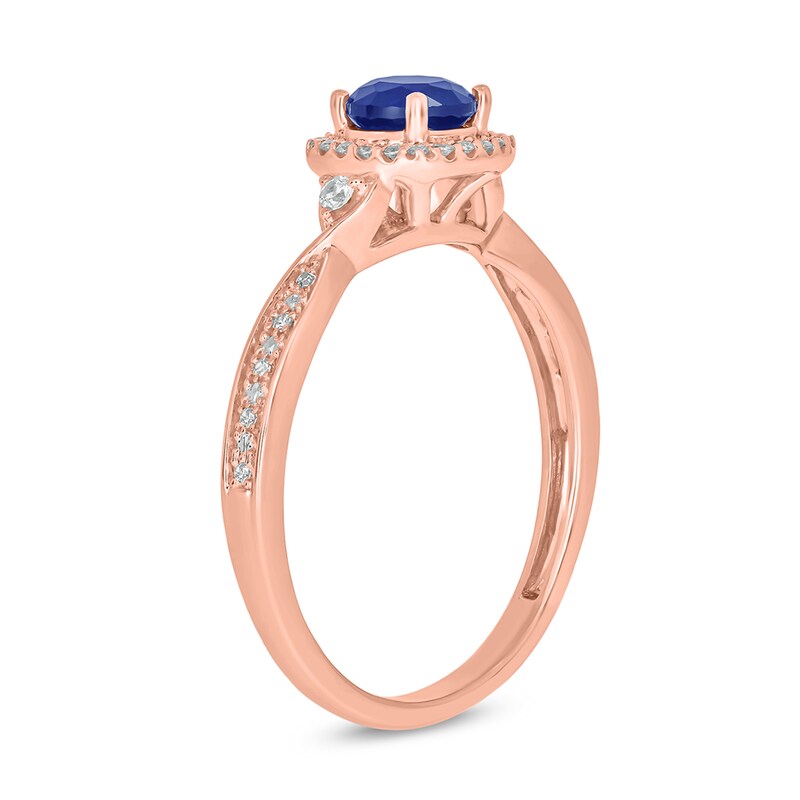 Main Image 2 of 5.0mm Blue Lab-Created Sapphire and 1/10 CT. T.W. Diamond Cushion Frame Promise Ring in 10K Rose Gold