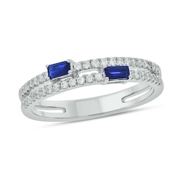 Sideways Baguette-Cut Blue Lab-Created Sapphire and 1/4 CT. T.W. Diamond Double Row Band in 10K White Gold