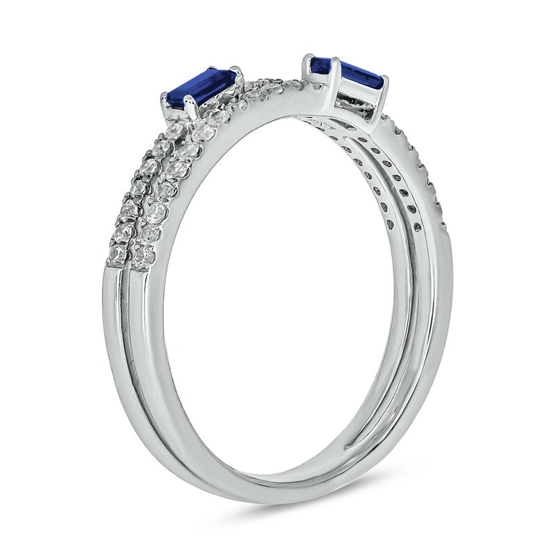 Main Image 2 of Sideways Baguette-Cut Blue Lab-Created Sapphire and 1/4 CT. T.W. Diamond Double Row Band in 10K White Gold