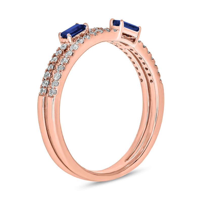Sideways Baguette-Cut Blue Lab-Created Sapphire and 1/4 CT. T.W. Diamond Double Row Band in 10K Rose Gold