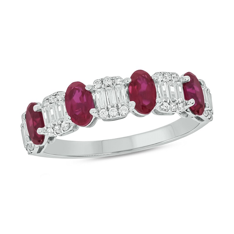 Main Image 1 of Alternating Oval Lab-Created Ruby and 1/3 CT. T.W. Emerald Multi-Diamond Band in 10K White Gold