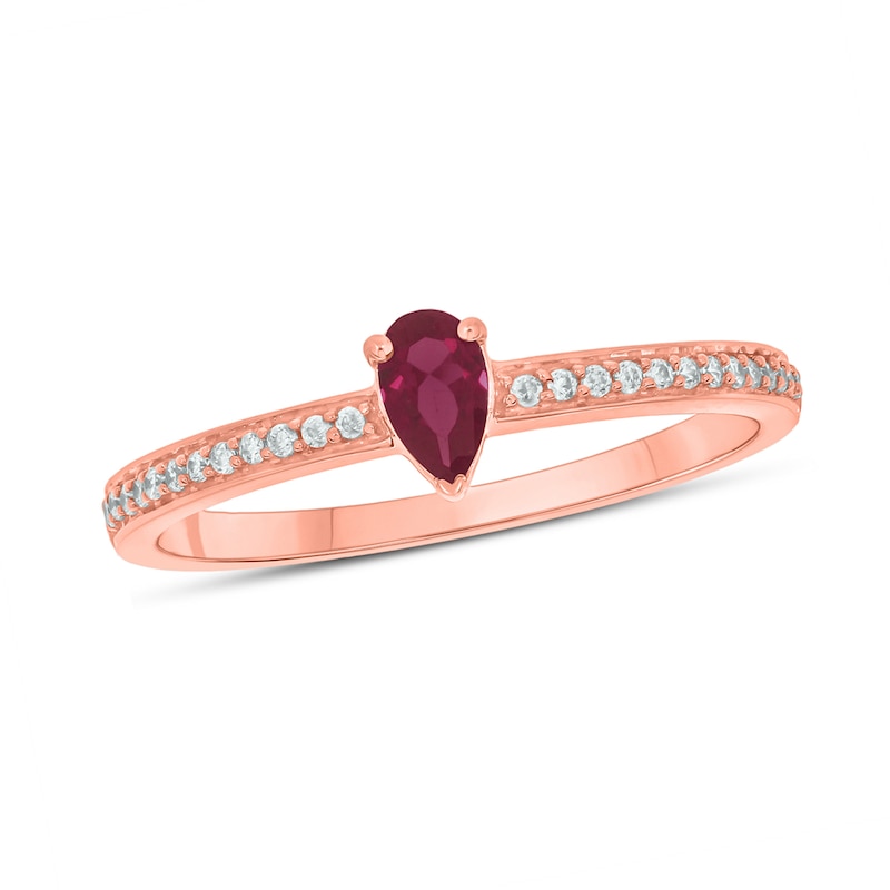 Main Image 1 of Pear-Shaped Lab-Created Ruby and 1/10 CT. T.W. Diamond Ring in Sterling Silver with 14K Rose Gold Plate
