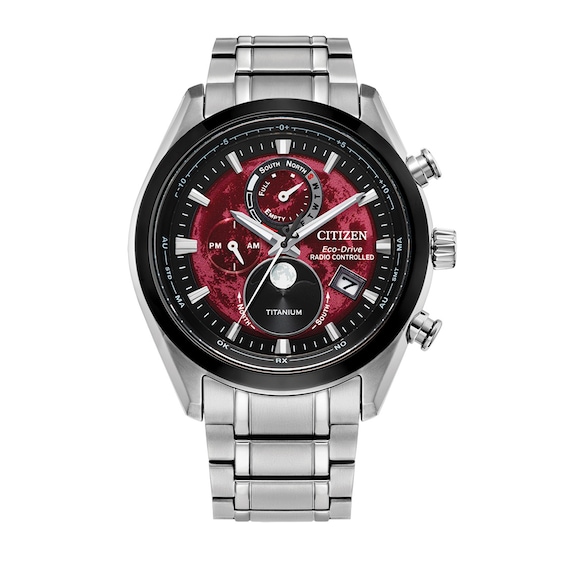 Men's Citizen Eco-Drive® Sport Luxury Super Titanium™ Radio Controlled Chrono Watch with Red Dial (Model: BY1018-55X)