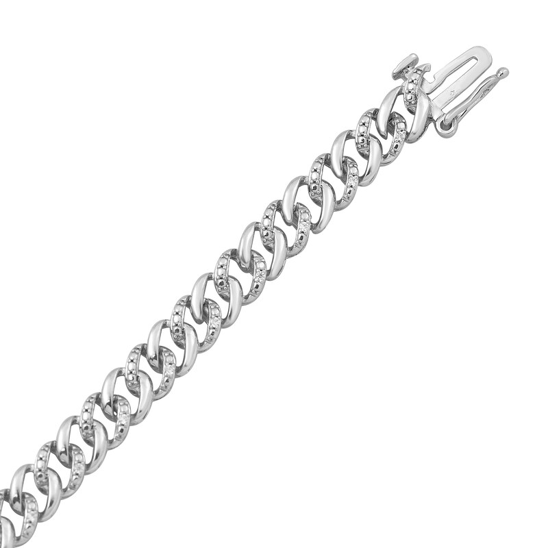 Main Image 2 of 1/10 CT. T.W. Diamond Curb Chain Bracelet in Sterling Silver - 7.25"